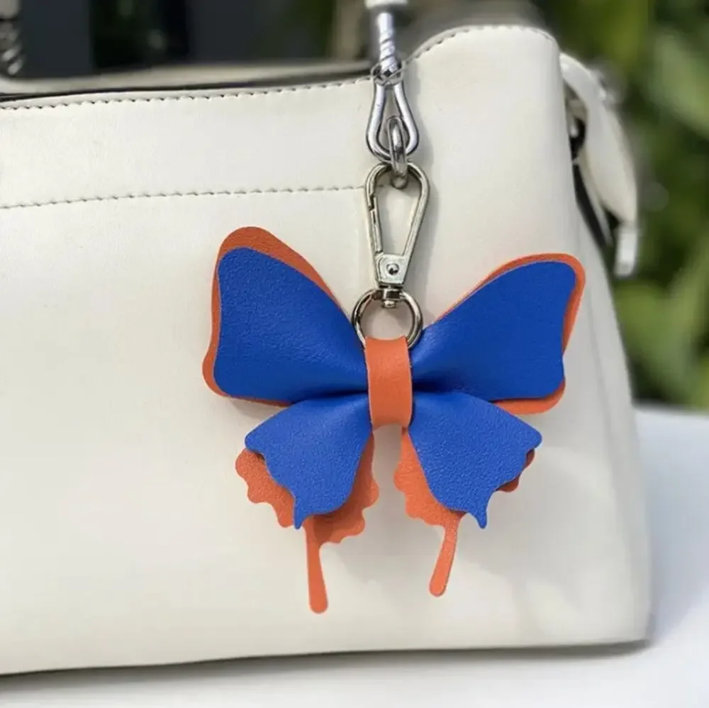 Blue Orange Butterfly Faux Leather Keychain Bag Charm